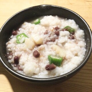 帆立貝柱オクラ小豆入りおじや♫